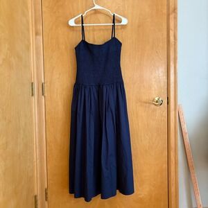 In The Beginning‎ Navy Blue Sundress Smocked Bodice Midi Dress Summer Casual